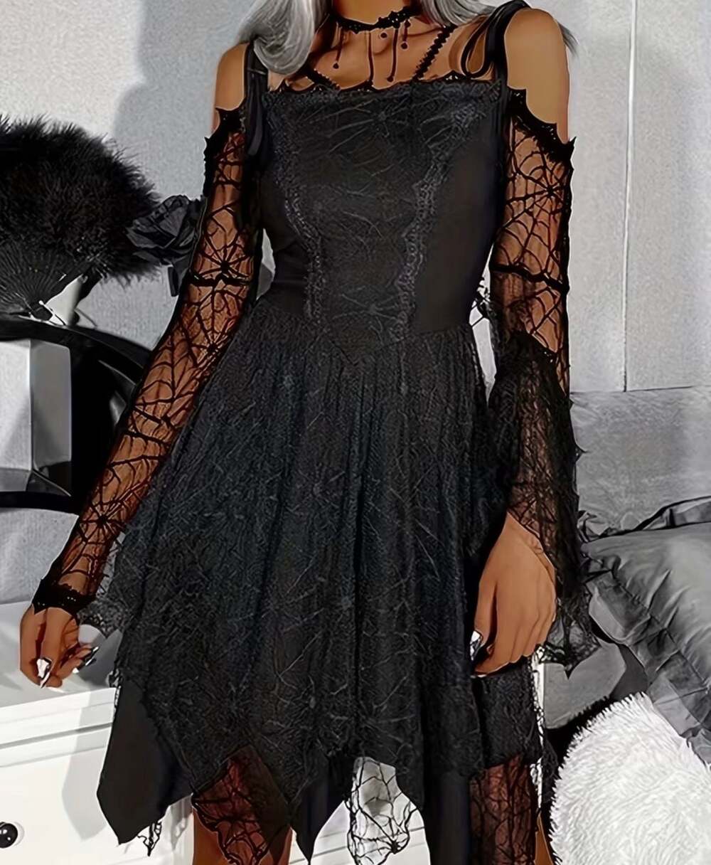 Halloween Spider Web Dress Gothic Clothing Women's Sexy Witchy Costume A-Line La